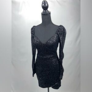 Mini Dress Black Sequins Large Long Sleeve